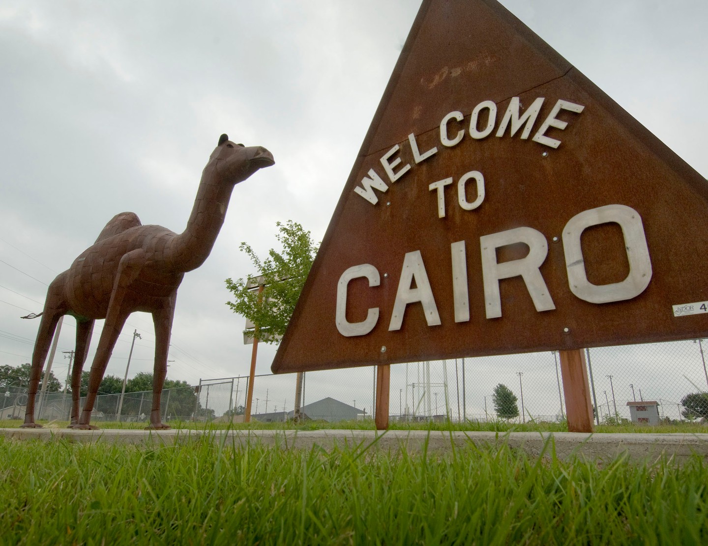 Welcome to Cairo sign with a camel statue next to it.