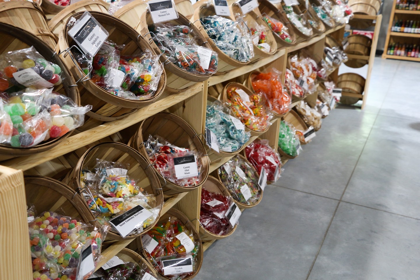 Baskets full of candy at Baker's Candies in Greenwood.