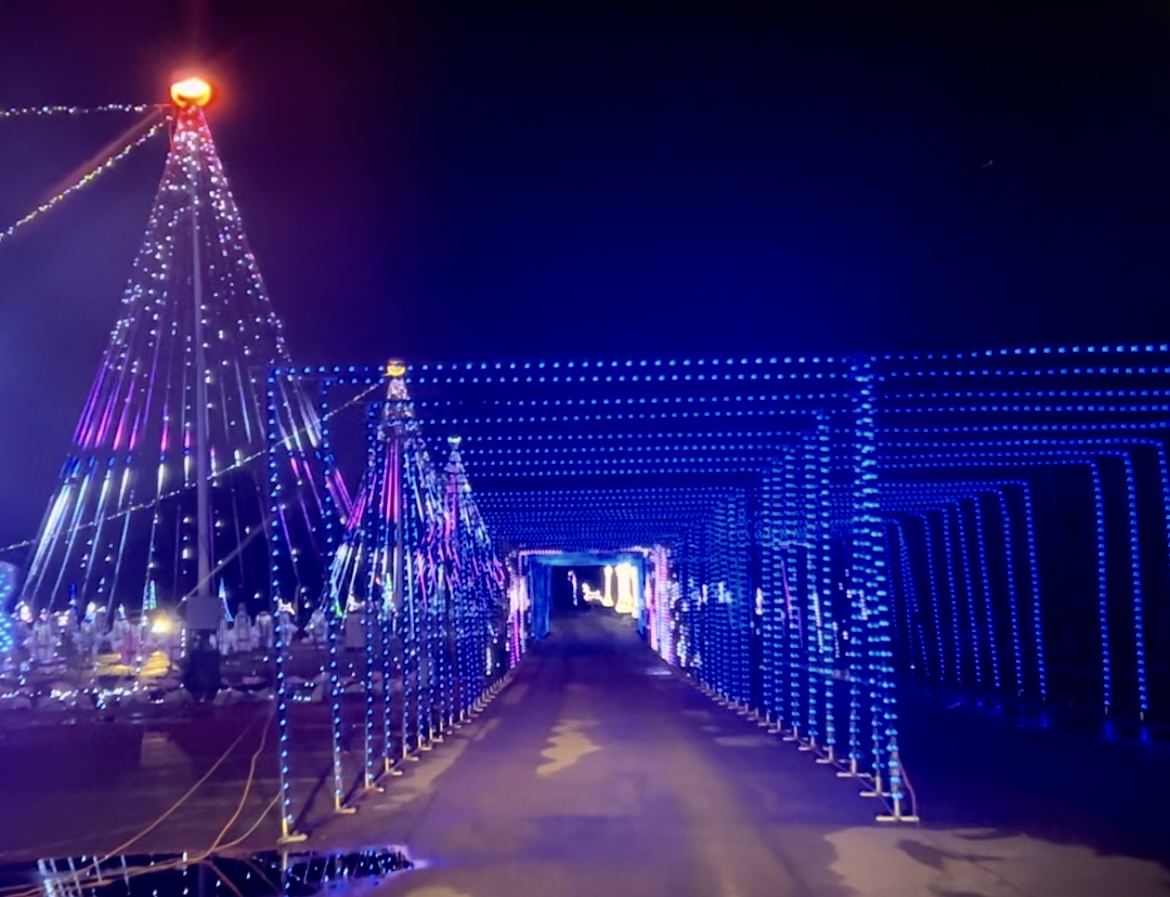 Nebraska Christmas Lights Show aglow in blue and purple holiday lights.