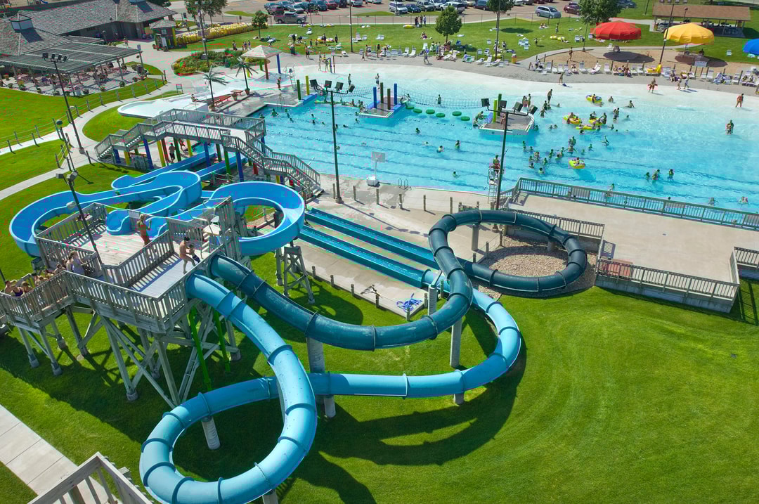 Excited guests await their turn to slide down the series of waterslides at Island Oasis Water Park near Grand Island, NE.