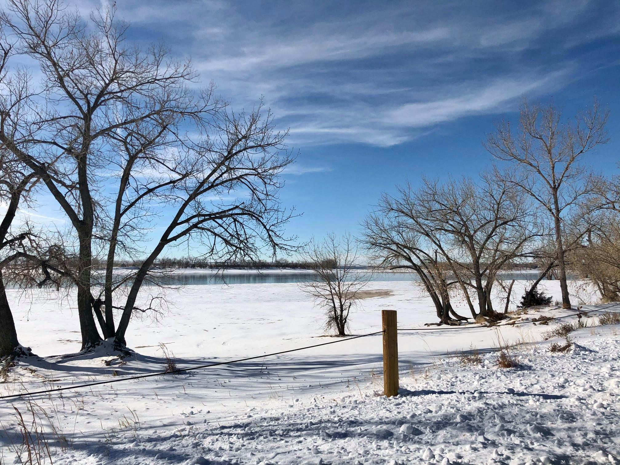 Lake McConaughy surrounded by snow in winter.