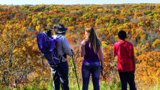 Backpackers looking over fall foliage.