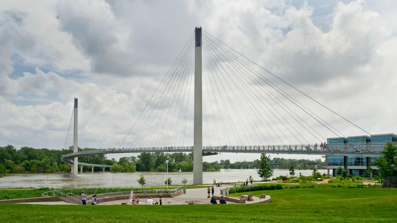 Bob Kerrey Pedestrian Bridge stretching across the Missouri River.
