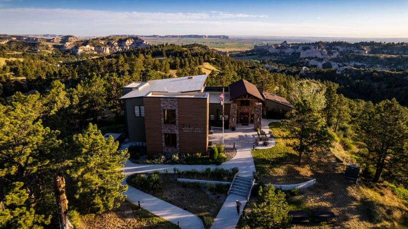 Visitor Center surrounded by trees at Wildcat Hills Recreation Area