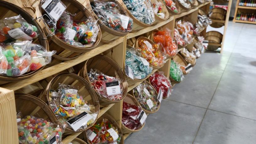 Baskets full of candy at Baker's Candy in Greenwood.