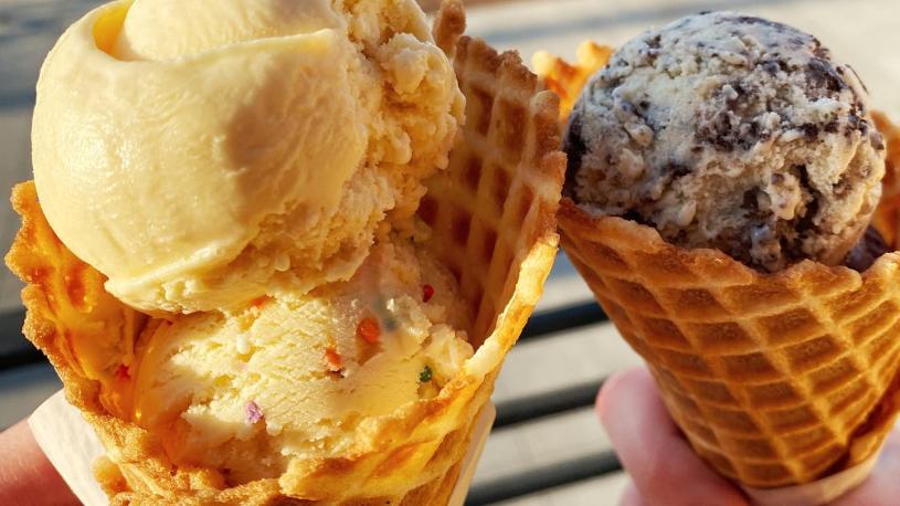 Two ice cream cones from Coneflower Creamery in Omaha.