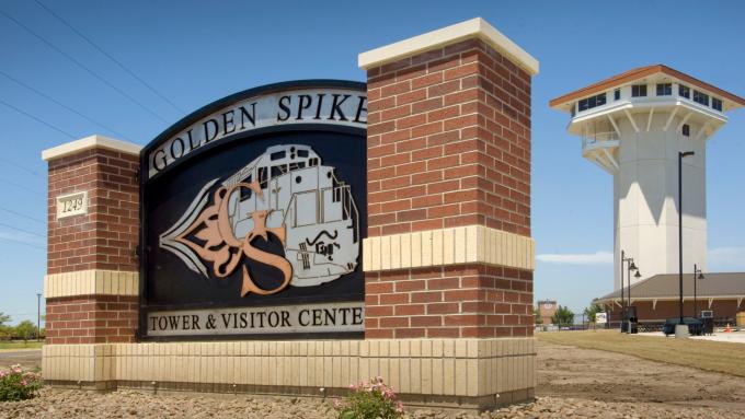 Sign outside the Golden Spike Tower and Visitor Center in North Platte